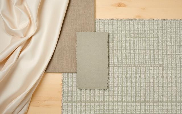 Nærbilde av ulike tekstiler, gardiner og tepper i varme toner